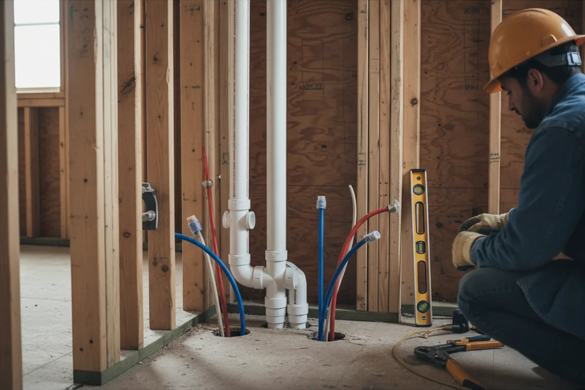 Drain and supply rough-in during Sump Pump Repair in Institute