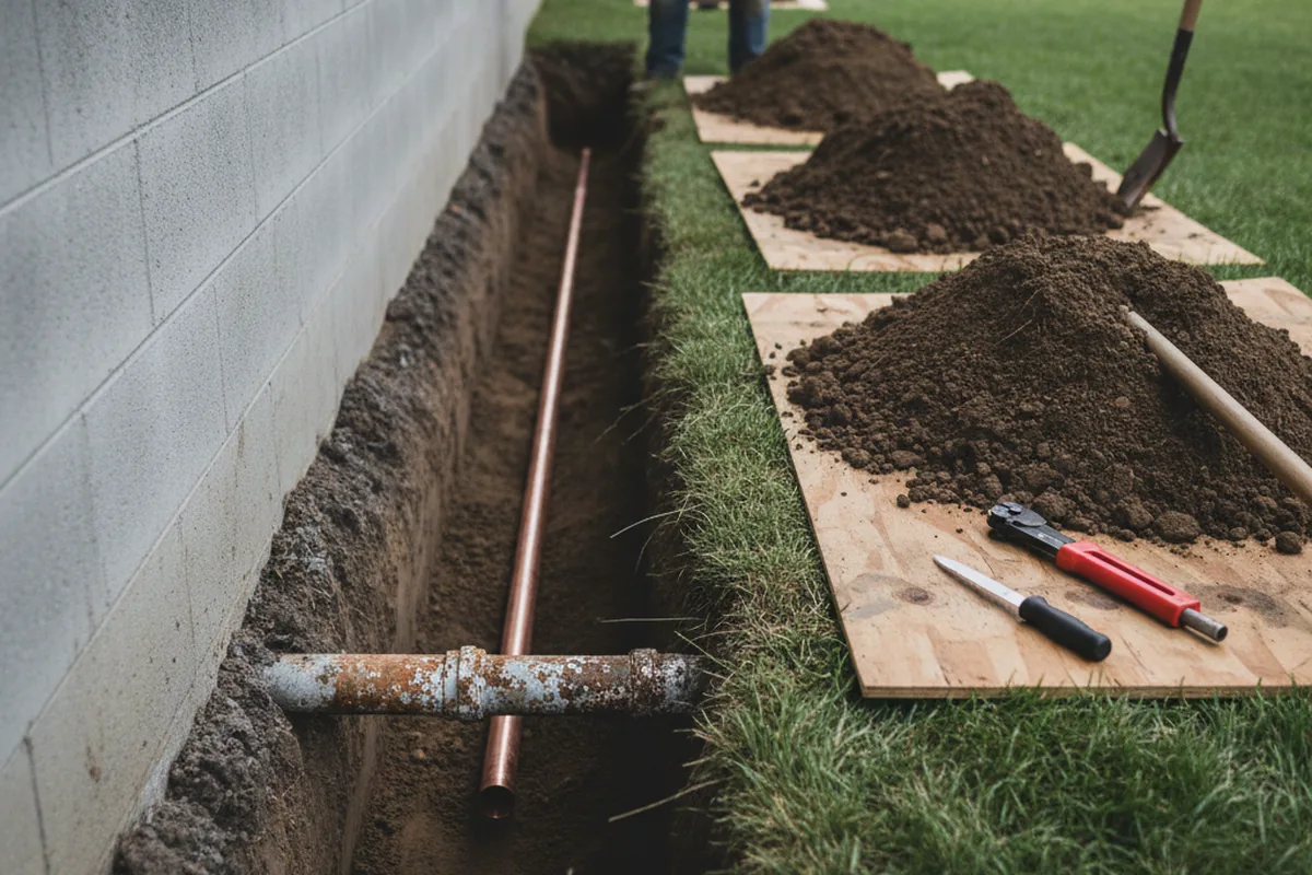 Excavated water line trench during Sewer Line Repair in Institute